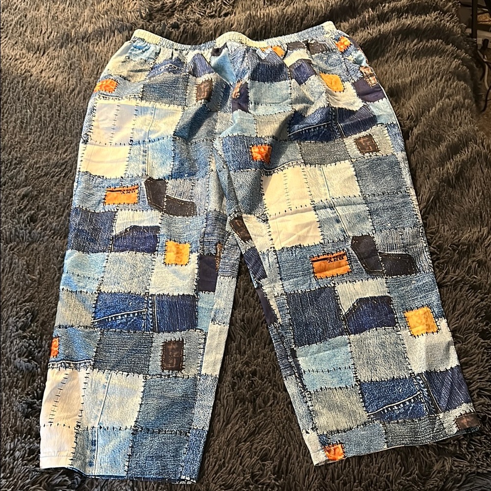 Patchwork Denim Pants with Orange Accents